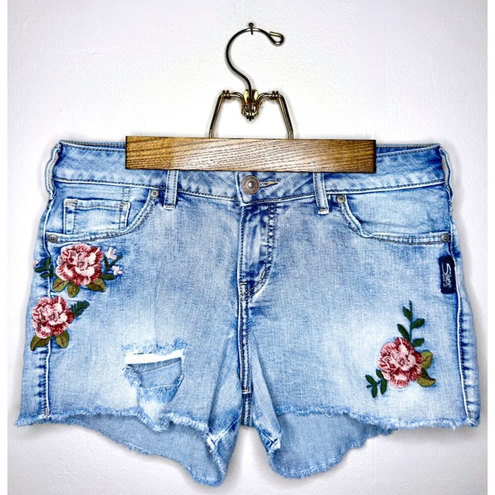 Silver Jeans Co. Aiko Floral Embroidered Distressed Denim Shorts 28/6